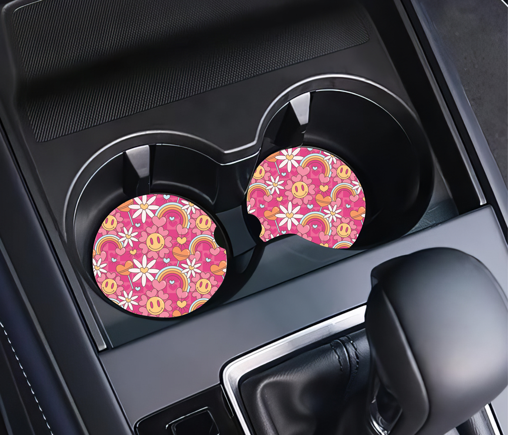 Happy Pink Rainbows Ceramic Car Coasters