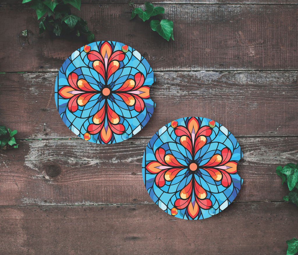 Blue and Red Stained Glass Ceramic Car Coasters