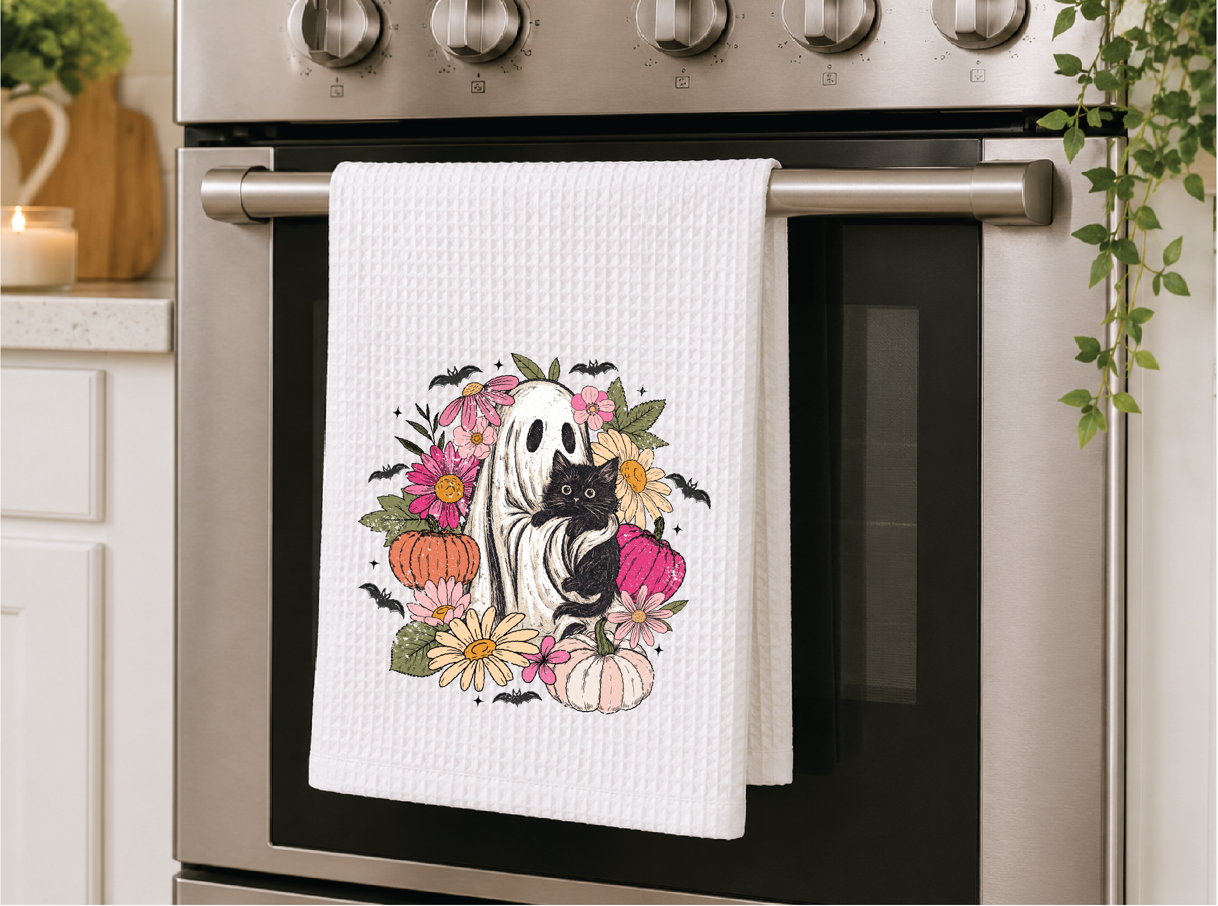 Cute Ghost Holding Black Cat Dish Towel
