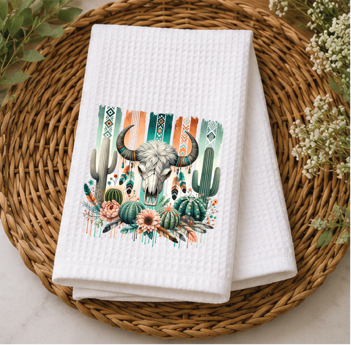 Turquoise Western Cow Skull Dish Towel