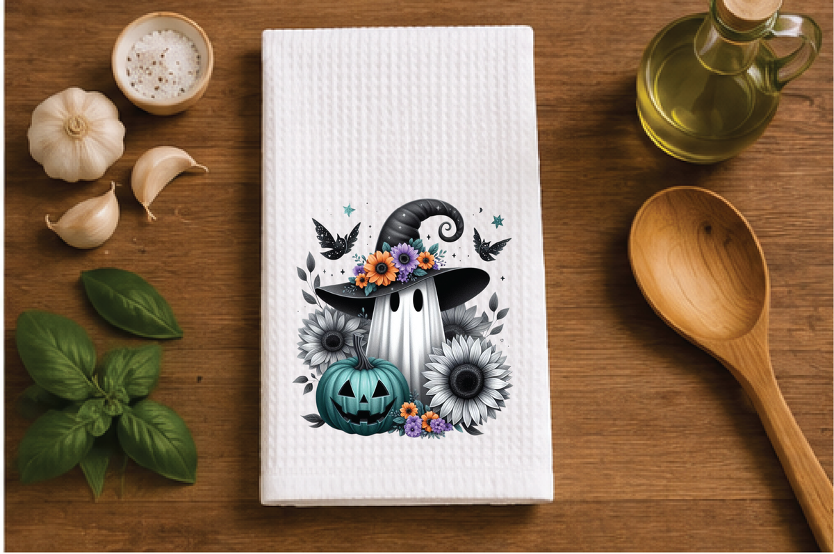 Cute Witchy Ghost With Pumpkin Dish Towel