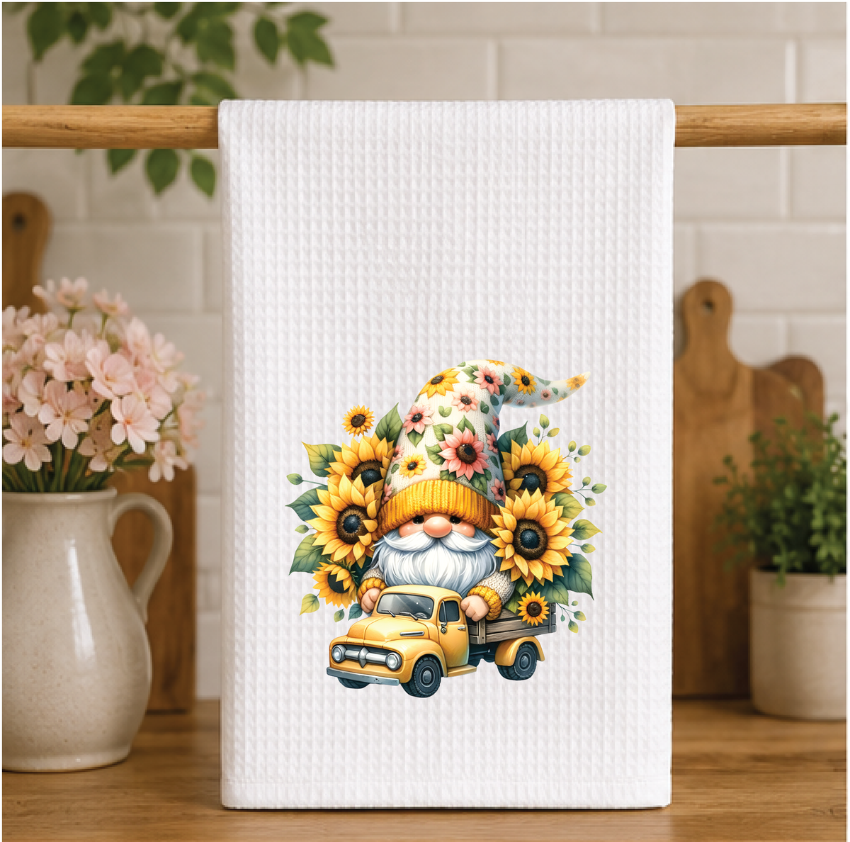 Cute Yellow Gnome In Truck Dish Towel